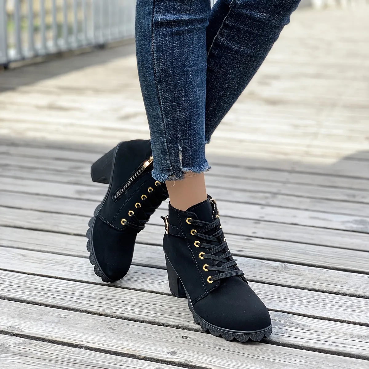 Women's Chunky Heeled Ankle Boots, Solid Color Side Zipper Boots, Beer Festival Dress Shoes