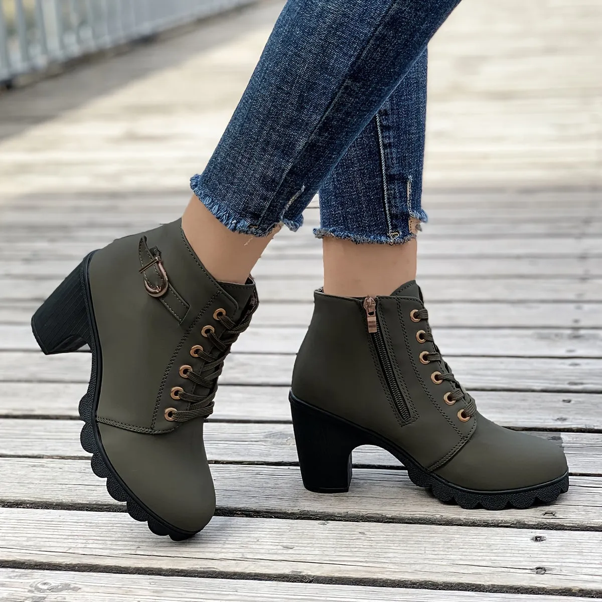 Women's Chunky Heeled Ankle Boots, Solid Color Side Zipper Boots, Beer Festival Dress Shoes
