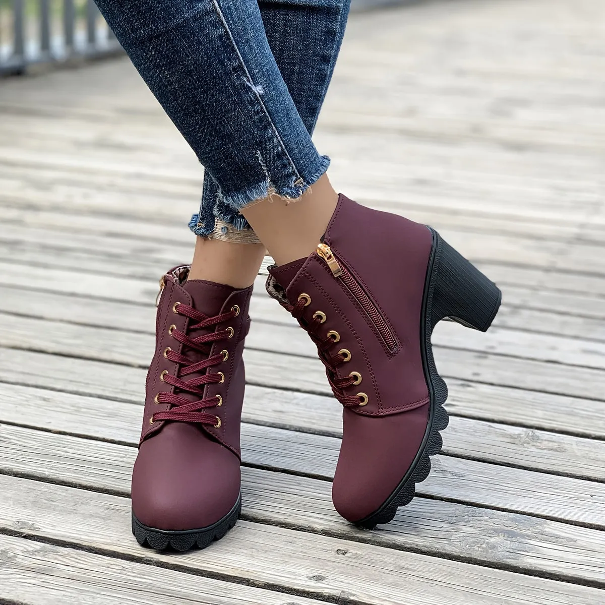 Women's Chunky Heeled Ankle Boots, Solid Color Side Zipper Boots, Beer Festival Dress Shoes