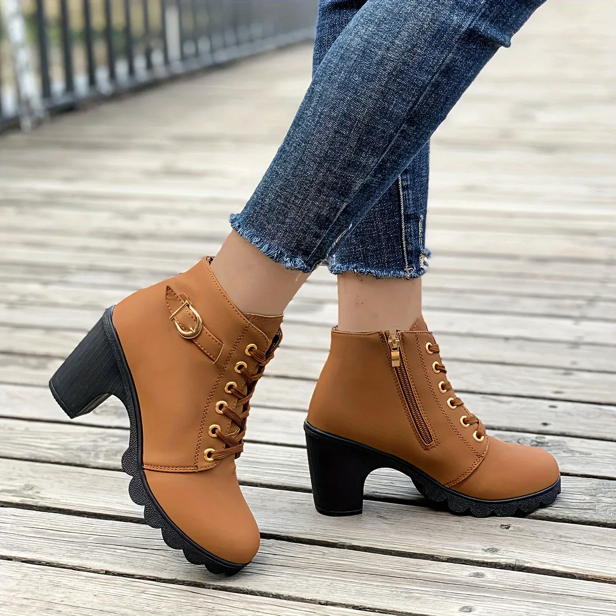 Women's Chunky Heeled Ankle Boots, Solid Color Side Zipper Boots, Beer Festival Dress Shoes