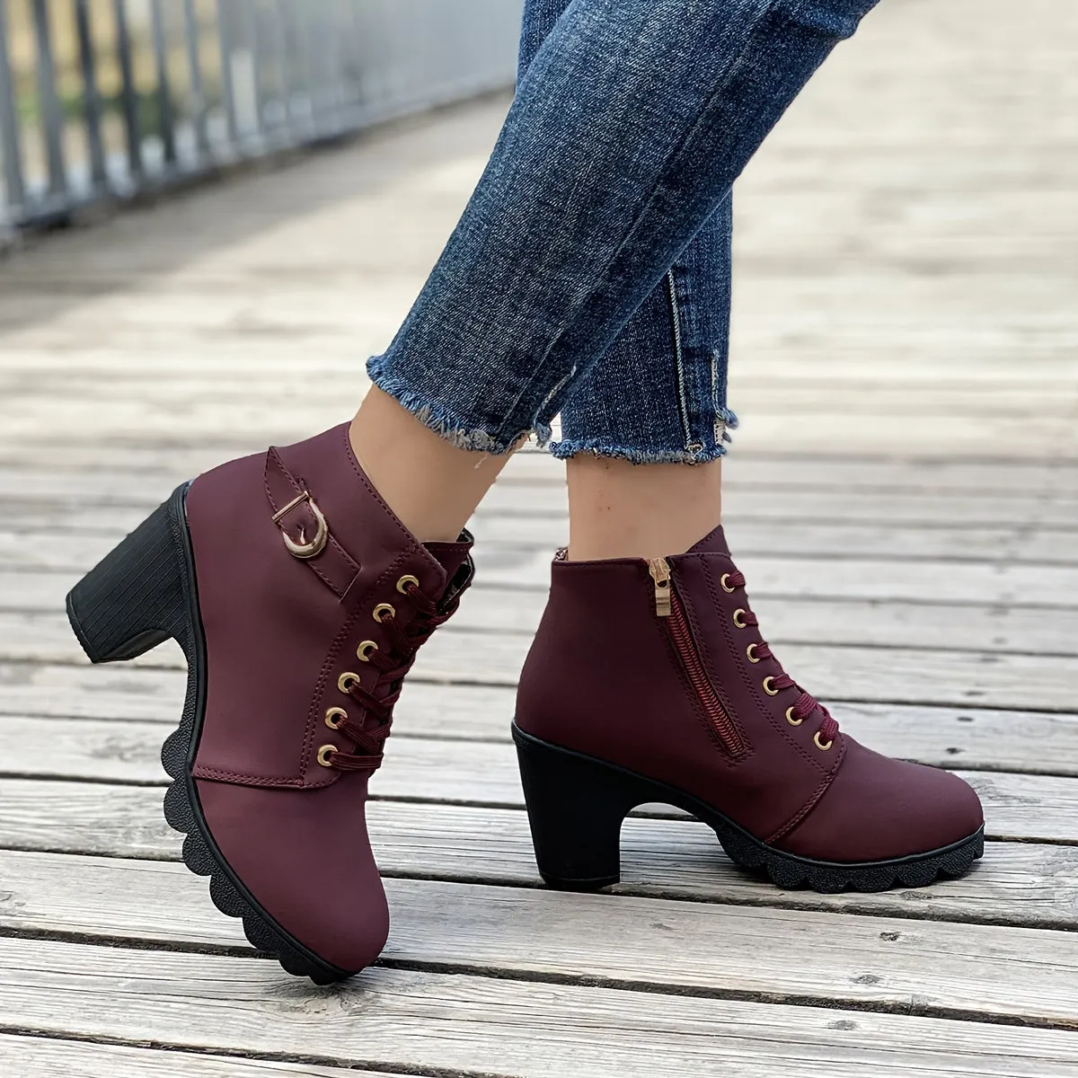 Women's Chunky Heeled Ankle Boots, Solid Color Side Zipper Boots, Beer Festival Dress Shoes
