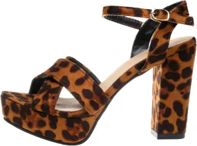 Women's Platform Chunky Heels Leopard Print Ankle Strap Sandals Open Toe Heels for Women Dressy Buckle Heels