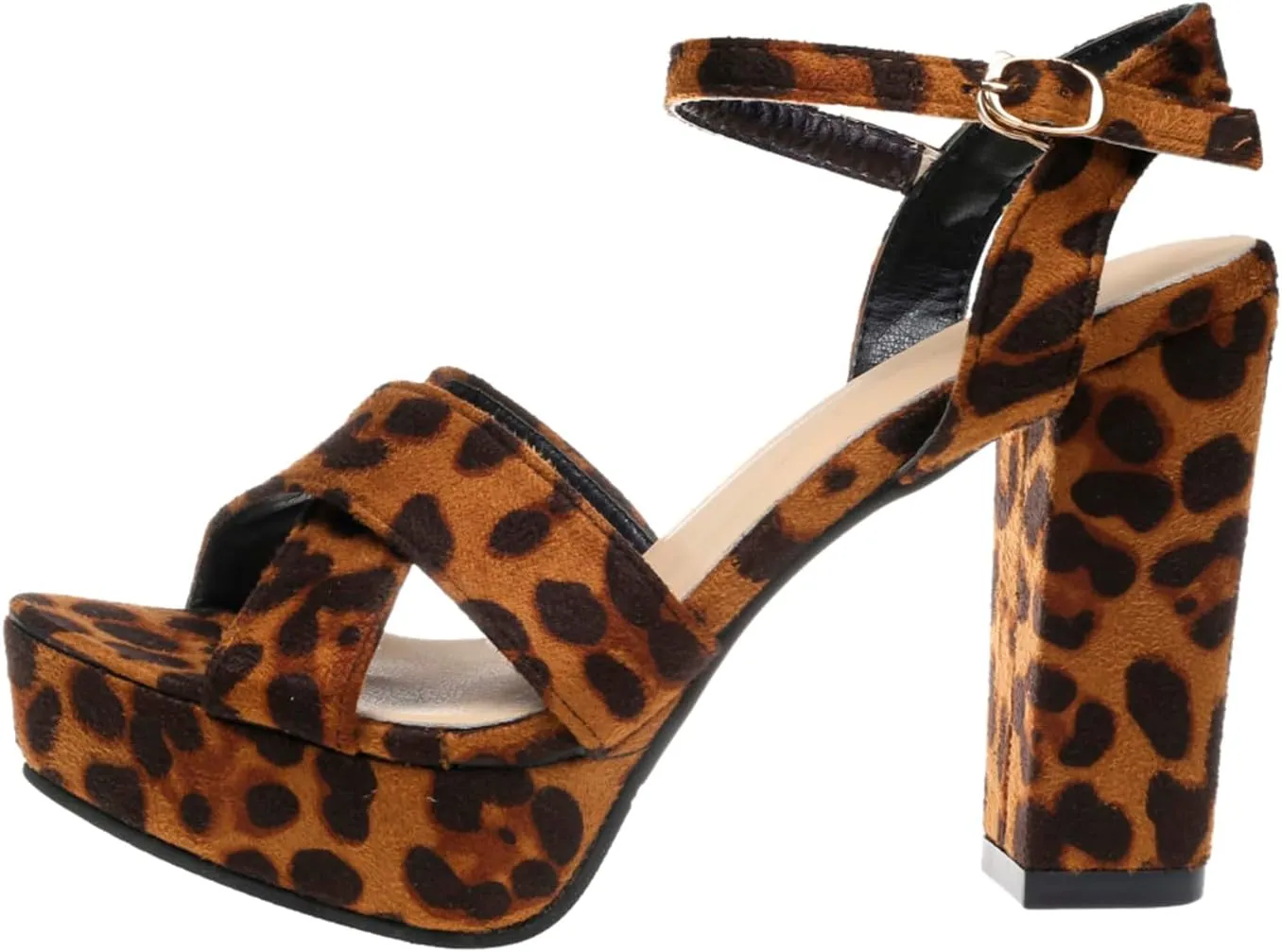 Women's Platform Chunky Heels Leopard Print Ankle Strap Sandals Open Toe Heels for Women Dressy Buckle Heels