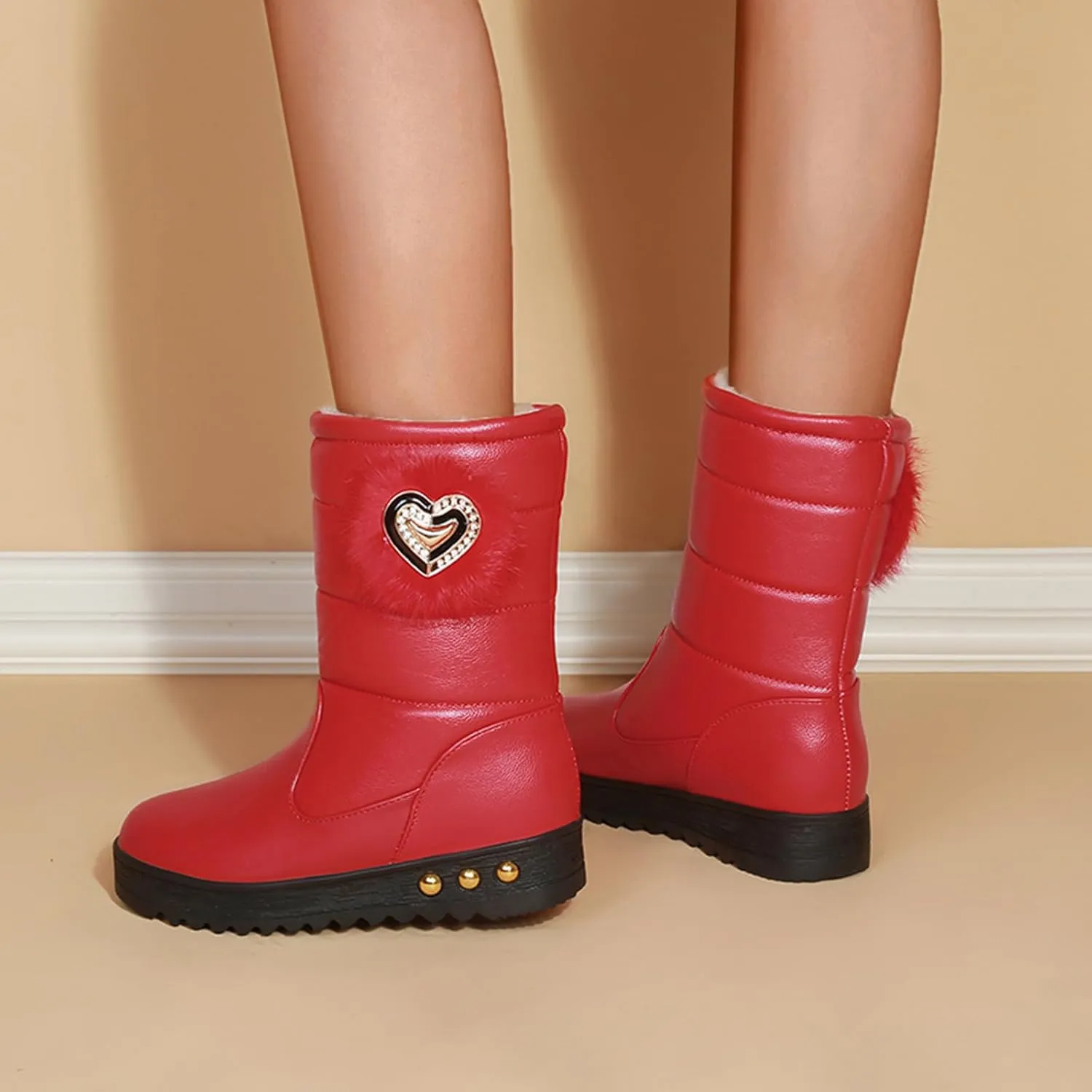 Womens Snow Boots Mid Calf Waterproof Winter Boots Fully Fur Lined Booties Slip on Fleece Ankle Boots Lace Up Ladies Outdoor Sneakers Winter Shoes
