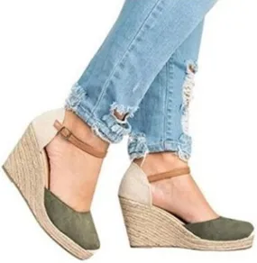 Womens Summer Espadrille Heel Platform Wedge Sandals Ankle Buckle Strap Closed Toe Shoes