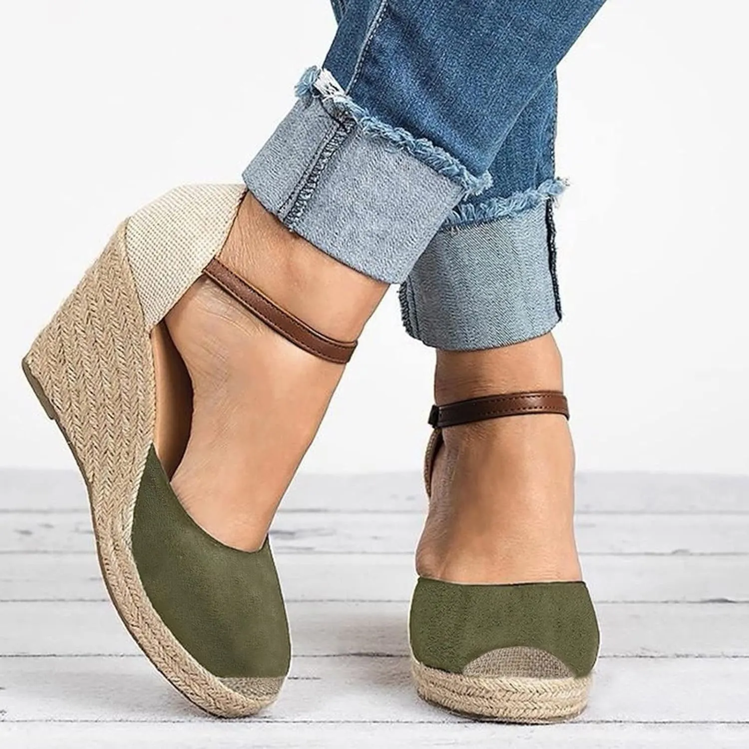 Womens Summer Espadrille Heel Platform Wedge Sandals Ankle Buckle Strap Closed Toe Shoes