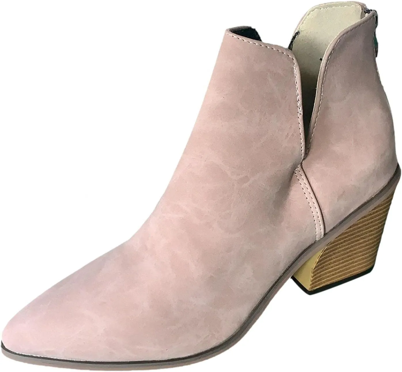 ZBYY Womens Cutout Pointed Toe Ankle Boots Chunky Stacked Heel V Cut Back Zipper Booties Mid Heel Ankle Boots