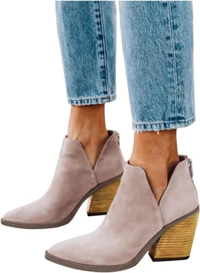 ZBYY Womens Cutout Pointed Toe Ankle Boots Chunky Stacked Heel V Cut Back Zipper Booties Mid Heel Ankle Boots