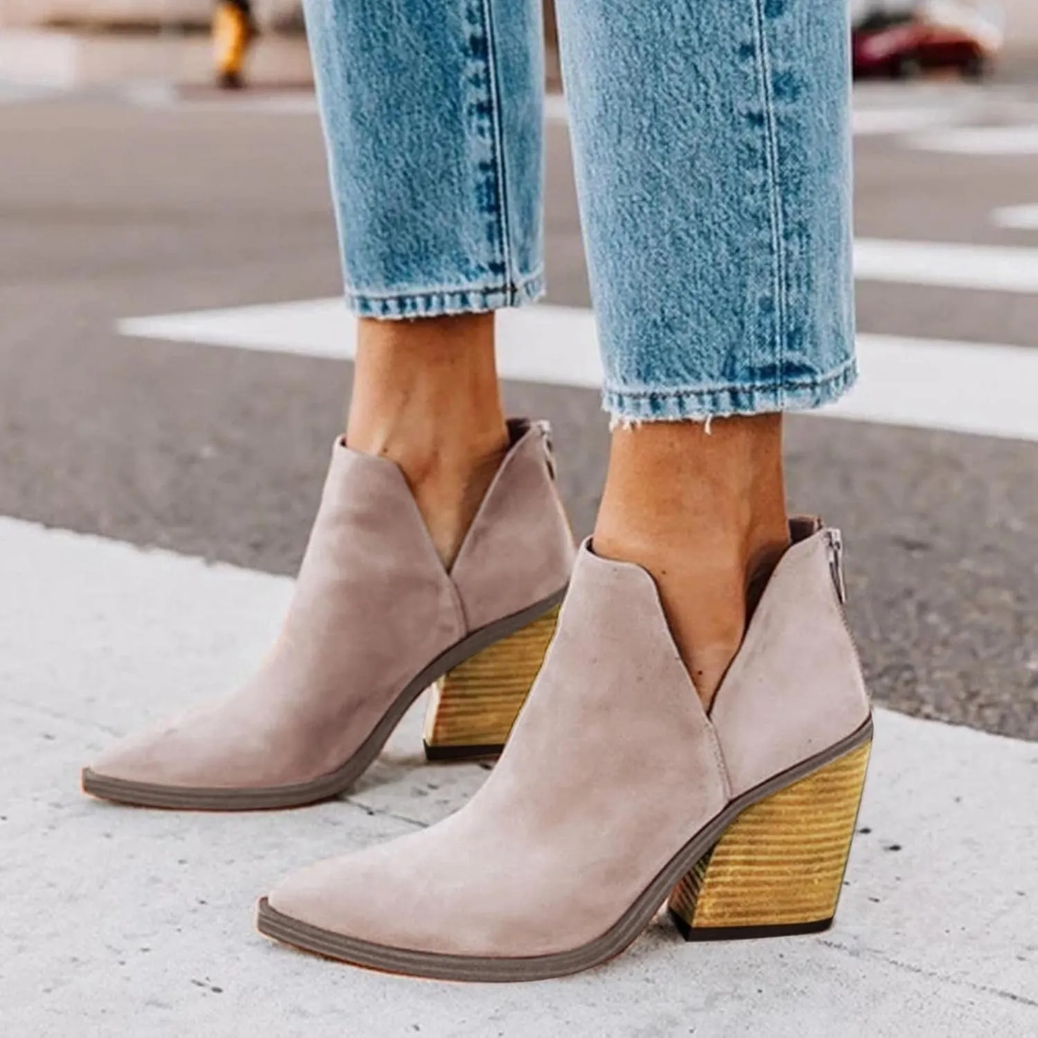 ZBYY Womens Cutout Pointed Toe Ankle Boots Chunky Stacked Heel V Cut Back Zipper Booties Mid Heel Ankle Boots